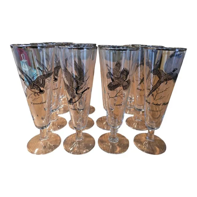 12 Mid 20th Century Game Birds Pilsner Glasses, Set of 12