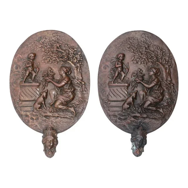 1800’s Pair of French Bronze Wall Plaques With Maiden and Cherub Scene
