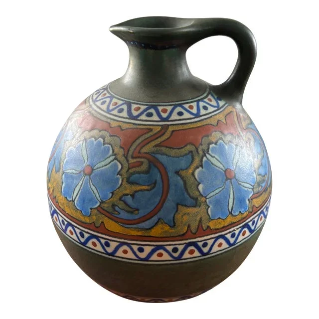 1920s Antique Gouda Pitcher Vase Anjer “ Carnation Pattern