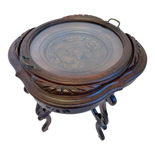 1920s Antique Victorian Dark Stain Carved Wood Tray Cocktail Table