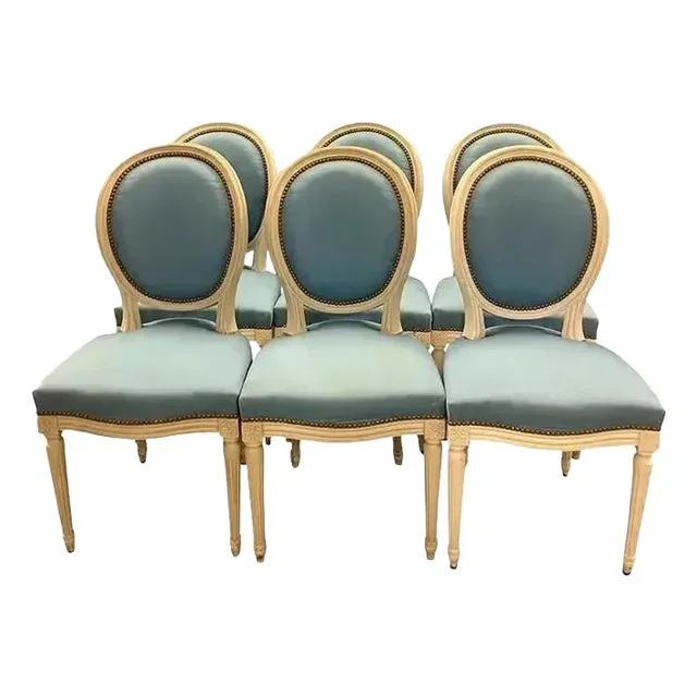 1920s Set of 6 Vintage Blue Louis XVI Dining Chairs