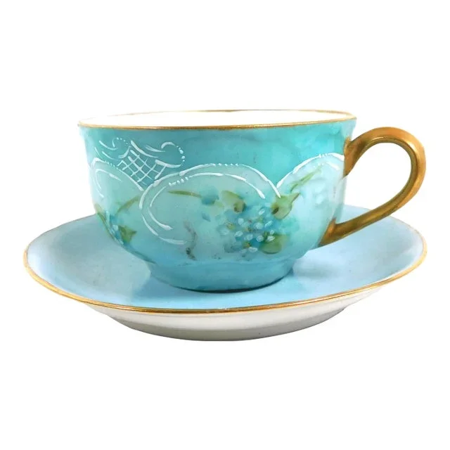 1940s Haviland Aqua Teacup With Raised White Trim