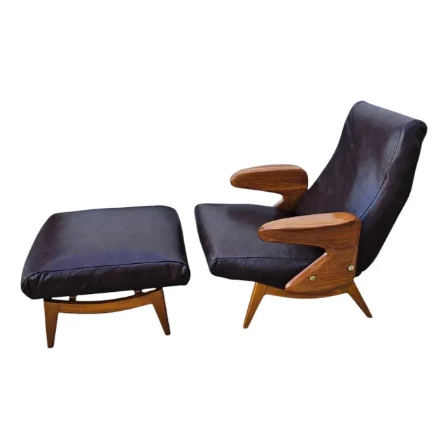1950s Mid Century Brown Leather Lounge Chair With Ottoman