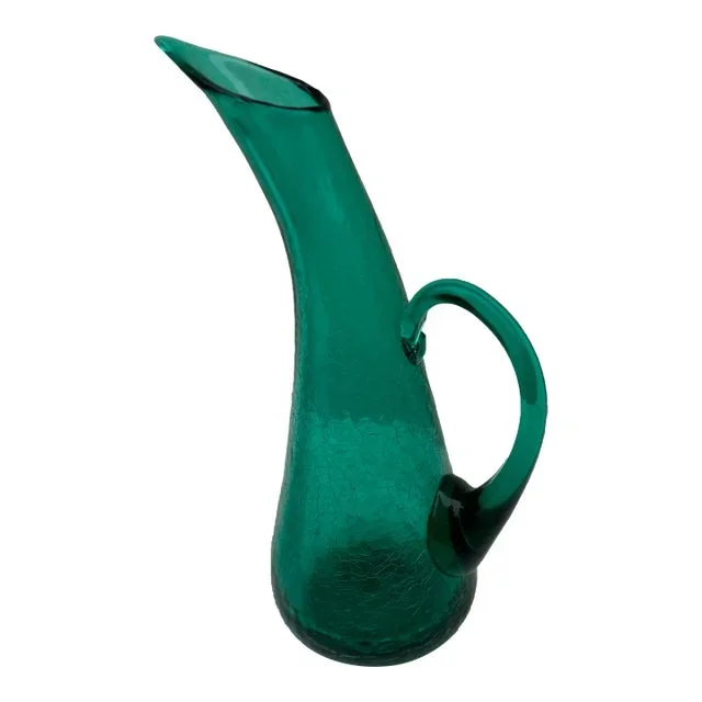1950s Teal Crackle Glass Mid-Century Vase- Tall