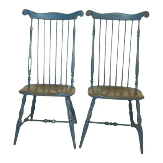 1950s Vintage Windsor Wood Blue Dining Chair High Back Shabby Chic Set of 2