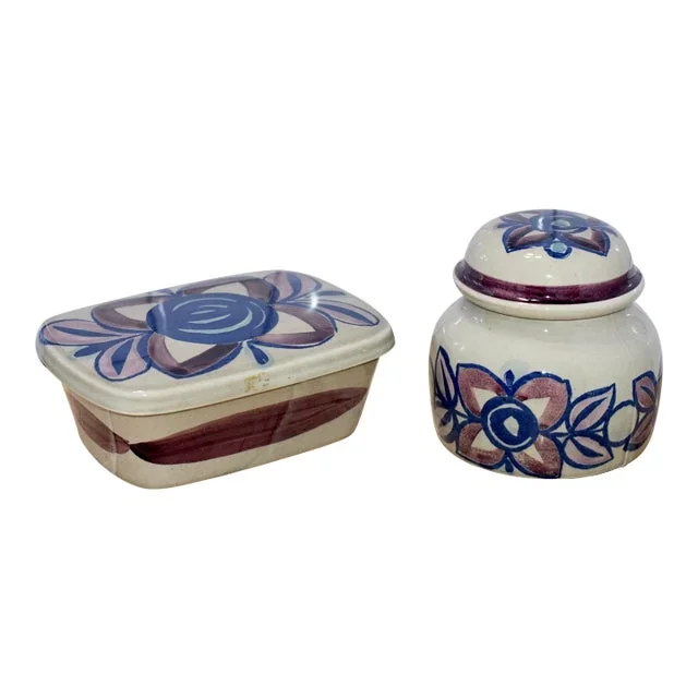 1960s Mid-Century Modern Stavanger Flint Norway Camilla Square Lidded Box & Jar Modernist Pottery Jw- 2 Pieces