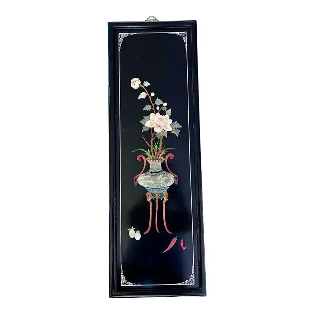 1960s Mother of Pearl Wall Panel Lacquered Black Lotus Flower Elephant Leg Vase