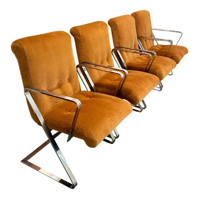 1970s A Set of 4 Cantilevered Z Shaped Dining Chairs Crafted From Chromed Flat Bar Steel, Reupholstered in a Brown Velvet