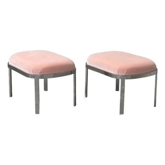 1970s Large Chrome Stools or Ottomans Attributed to Milo Baughman- A Pair