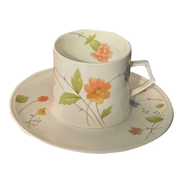 1970s Mikasa Ceramic Tea Cup and Saucer With Orange Floral Details- 2 Pieces