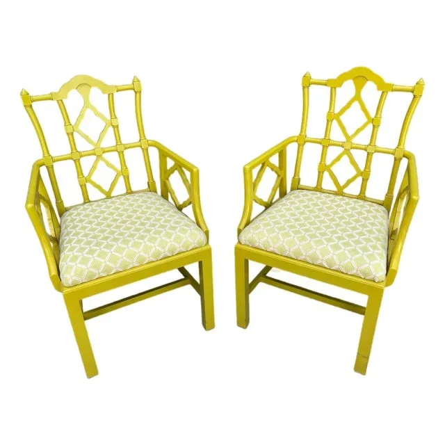 1970s Pair Beautifully Lacquered Yellow Chinese Chippendale Armchairs Clean Upholstery
