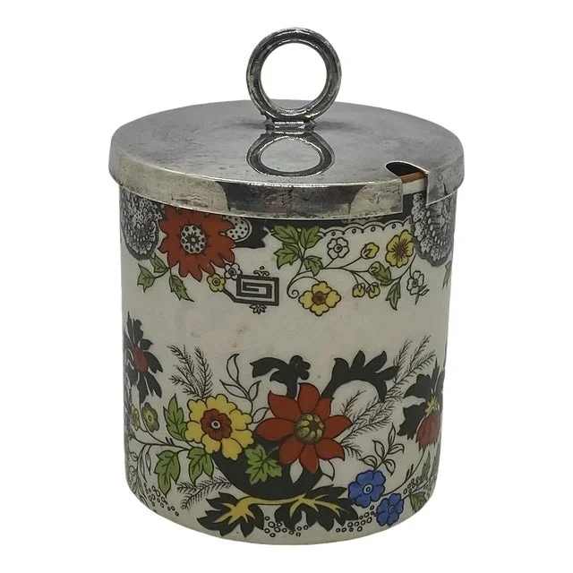 1970s Royal Norfolk Staffordshire Jelly Condiment Jar With Silver Plate Lid Mustard Pot