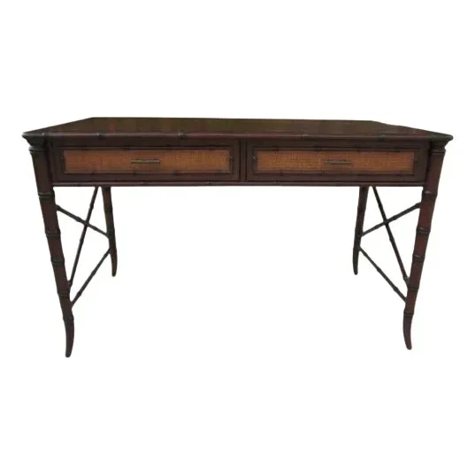 1980s Tommy Bahama Style Bamboo Wicker Desk 2 Drawer Dark Tone