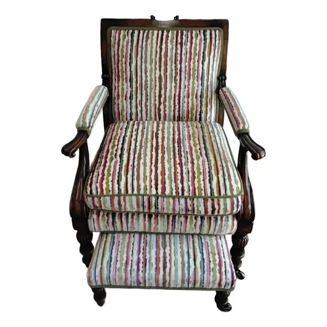 1980s Traditional Hickory White Chair and Ottoman