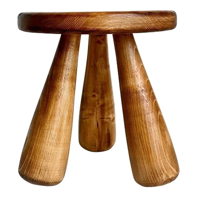 1990s French Brutalist Wooden Tripod Stool Attributed to Charlotte Perriand