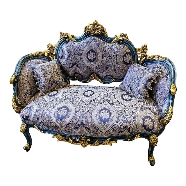 1990s French Style Dark Blue Damask Sofa Vintage Wedding Sofa