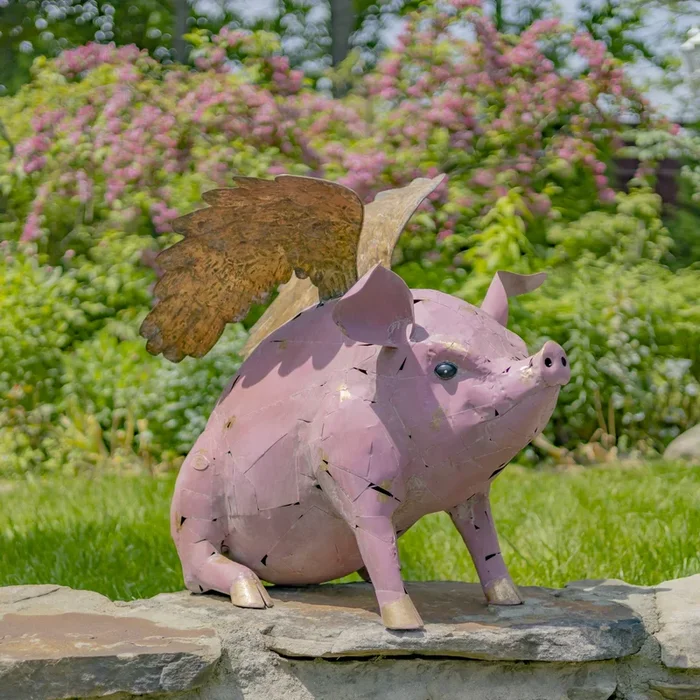 30.5″ Tall Flying Pink Iron Pig Statue with Golden Wings “Rachael”