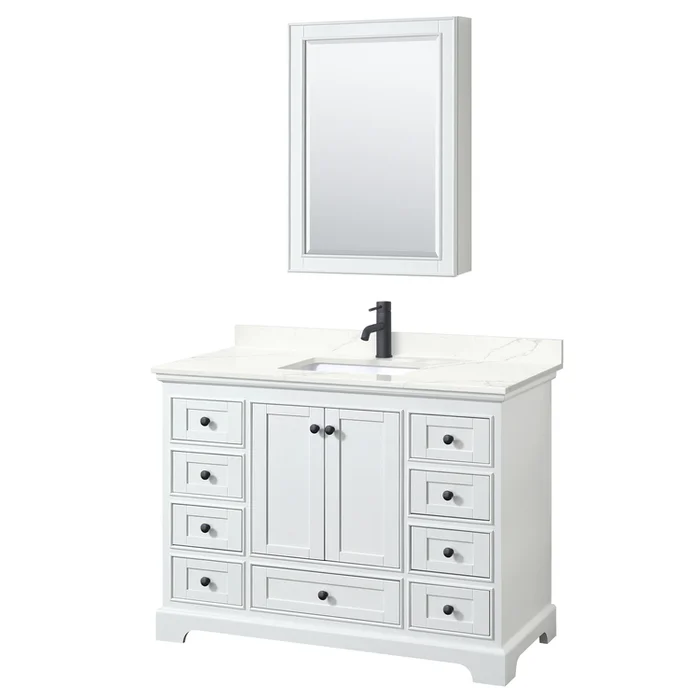48 White Bathroom Vanity Set with Quartz Countertop and Matte Black Trim