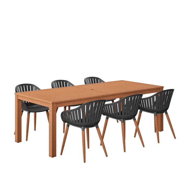 7 Piece Rectangular Patio Dining Set with Eucalyptus Finish Chairs