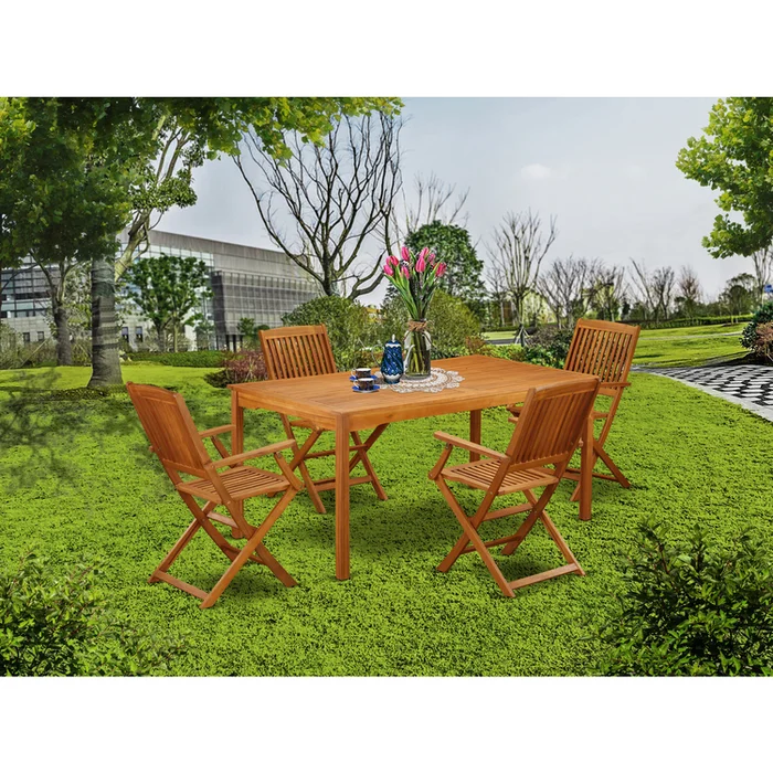 Acacia Wood Courtyard Dining Set, Linen White Finish, 7-Pc Outdoor Furniture