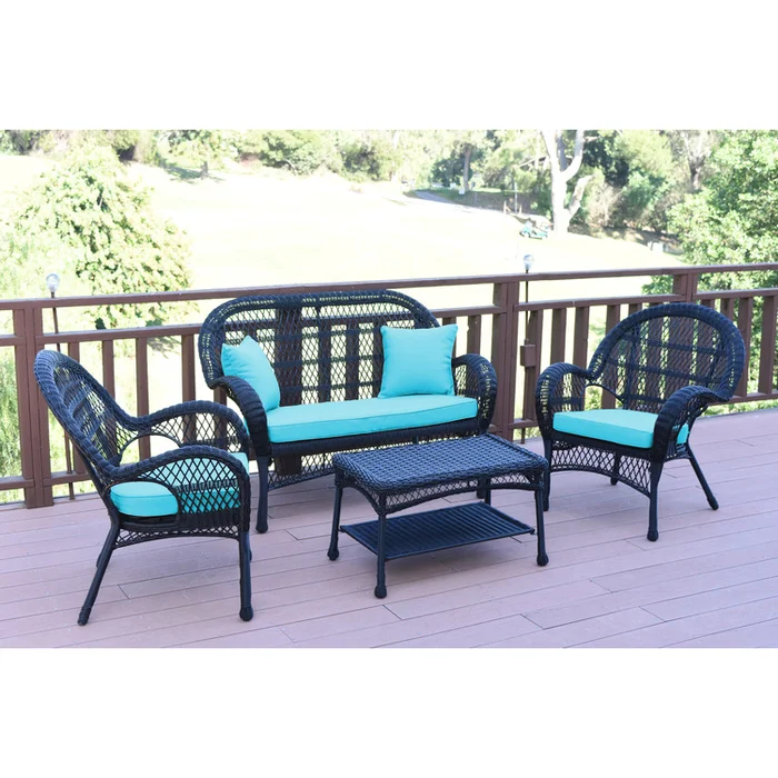 All-Weather Resin Wicker Outdoor Patio Furniture Set with Steel Frame and Sky Blue Cushions
