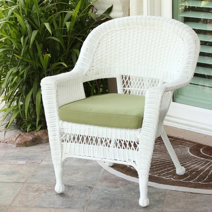 All Weather Wicker Patio Lounge Chair with Green Cushion & Steel Frame