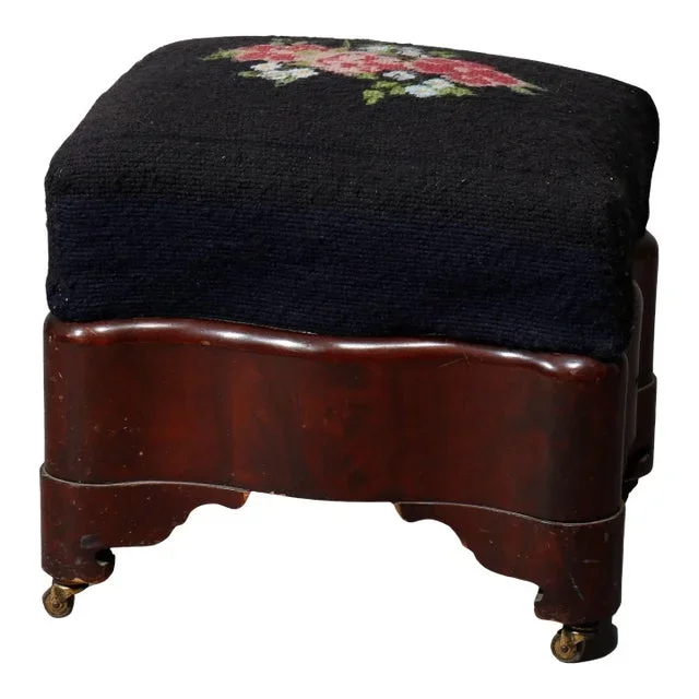 American Empire Mahogany & Floral Needlepoint Footstool Circa 1880