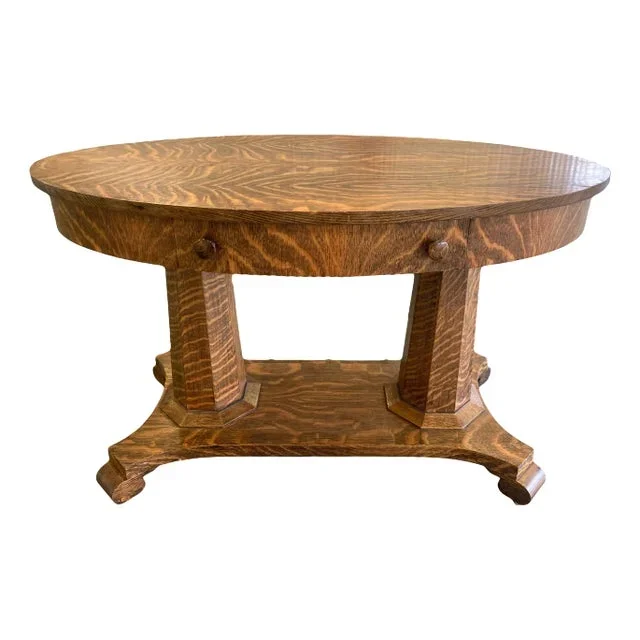 Antique American Empire Arts and Crafts Oval Quartersawn Tiger Oak Library Table or Writing Desk