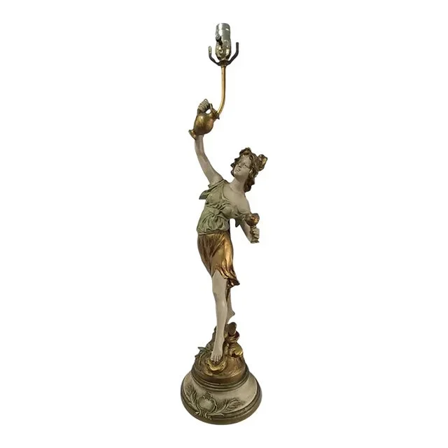 Antique Art Nouveau L&f Moreau Painted Spelter Figural Statue Table Lamp
