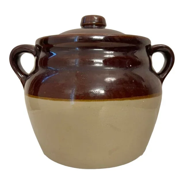 Antique Brown and Cream Stoneware Double-Handled Bean Pot / Lidded Jar