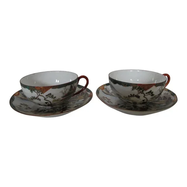 Antique Chinoiserie Hand Painted Cup and Saucers Tame and Nakamuran Set- 4 Pieces