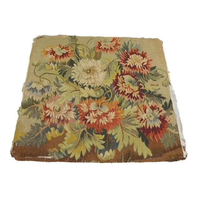 Antique Floral Orange & Brown Aubusson Tapestry Panel