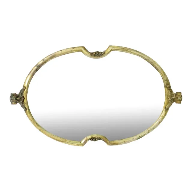 Antique French Style Large Two-Handled Brass & Wood Mirrored Tray
