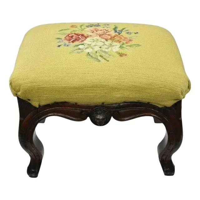 Antique Victorian Walnut Figural Lion Female Face Needlepoint Footstool Ottoman