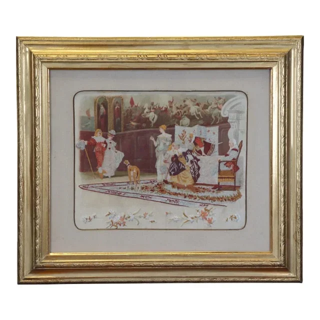 Antique Wool Needlepoint Embroidered European Nobles Scene Printed on Silk