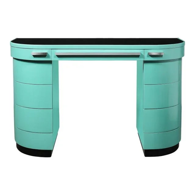 Art Deco Robin’s Egg Blue Lacquer & Brushed Aluminum Desk by Donald Deskey