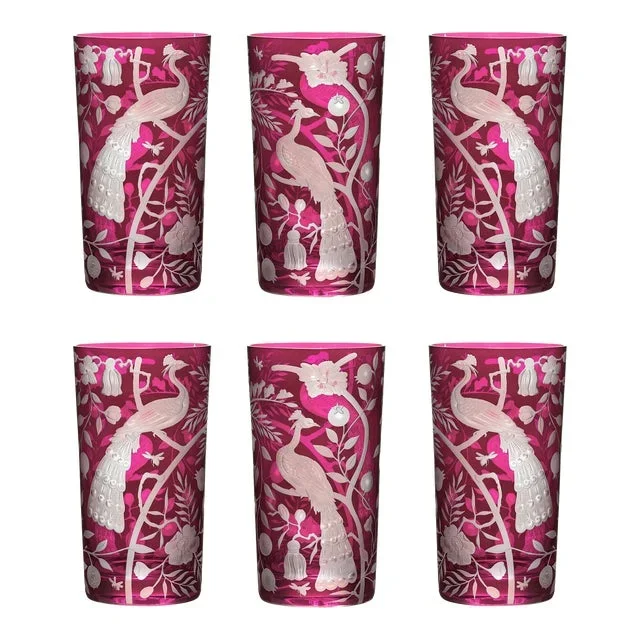 ARTEL Chinoisserie Collection Peacock Highballs in Fuchsia, Set of 6