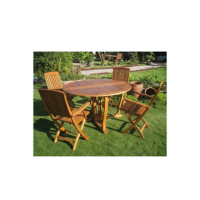 Balau Wood Round Dining Set – Brown Stain, 5 Piece Garden Furniture – International Caravan