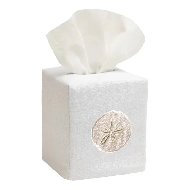 Beige Sand Dollar Tissue Box Cover in White Linen & Cotton, Embroidered