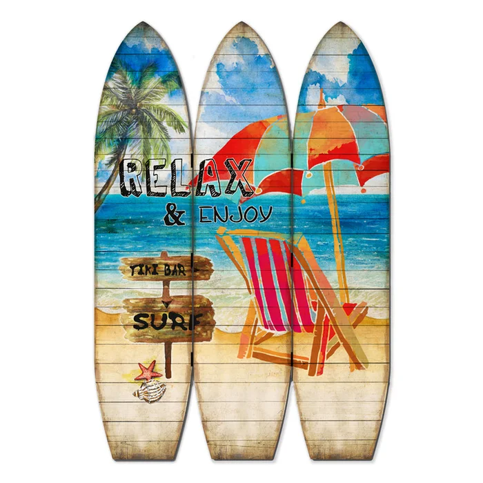Benjara Lounge and Umbrella Print Surfboard Shaped 3 Panel Room Divider, Multicolor