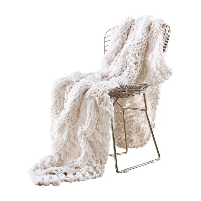 Benjara Veria Throw Blanket with Hand Knitted Acrylic Fabric The Urban Port, Cream