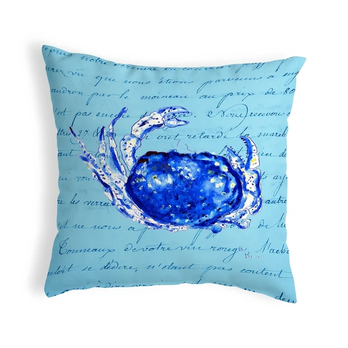 Betsy Drake Interiors Blue Script Crab Small No-Cord Pillow 12×12