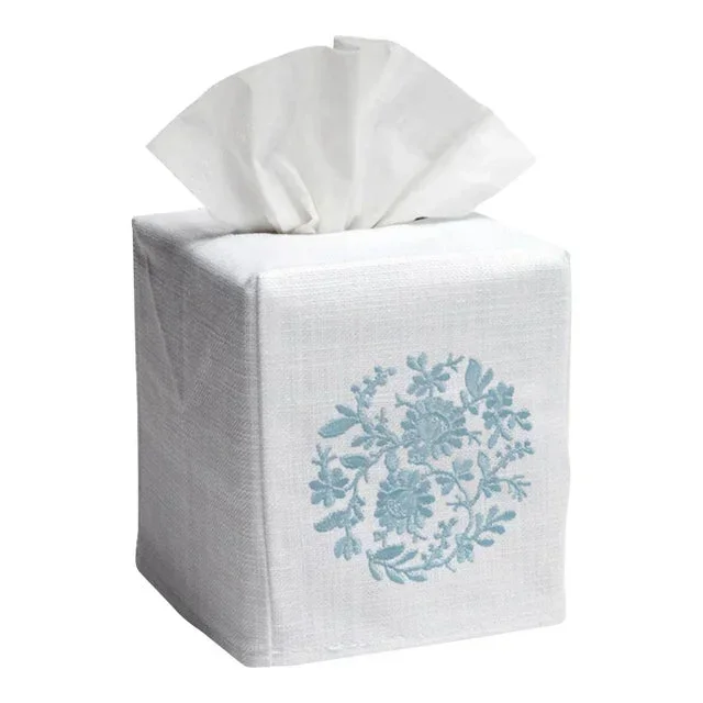 Blue Flower Wheel Tissue Box Cover in White Linen & Cotton, Embroidered