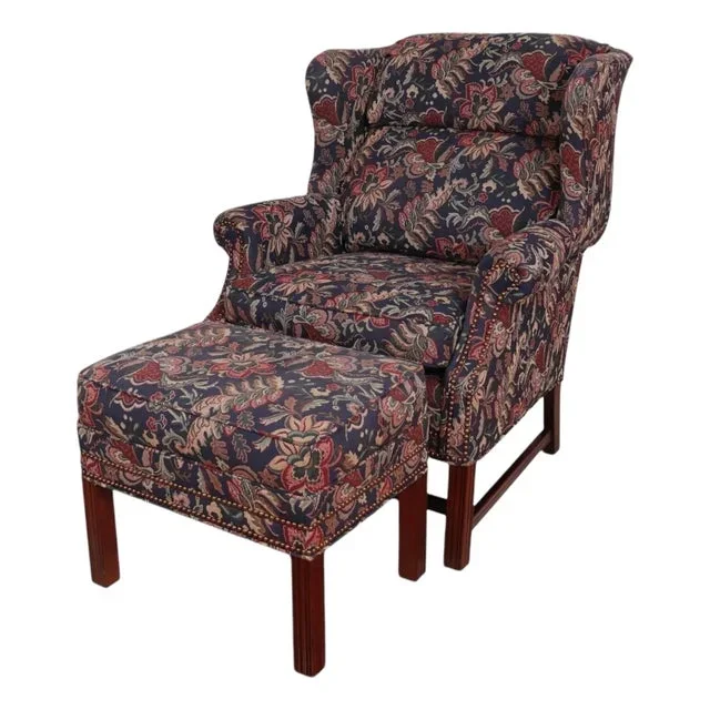 Bradington Young Georgian Style Wingback Chair and Ottoman