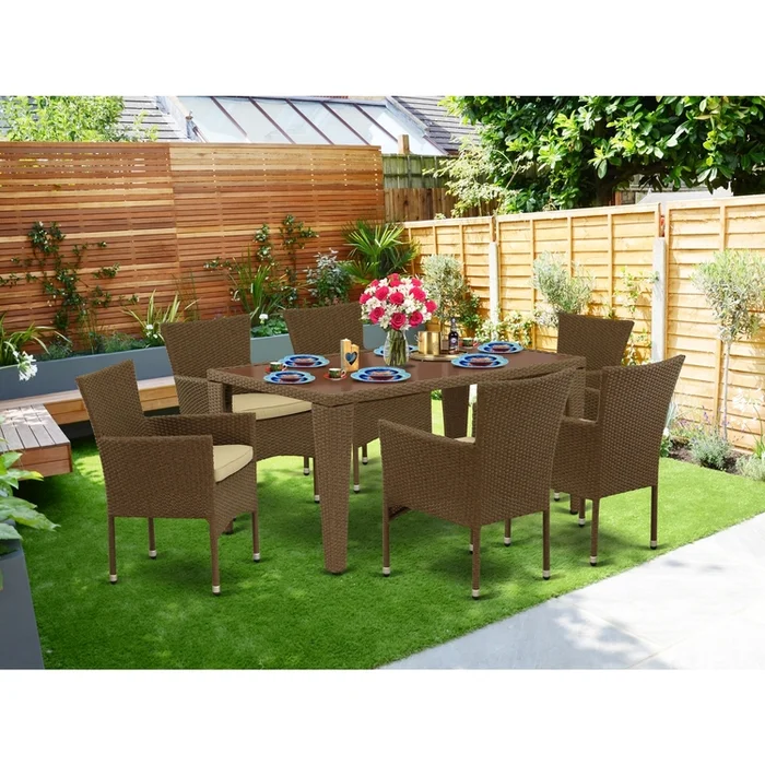 Brown Wicker Outdoor Dining Set – 7 Piece Patio Furniture Set