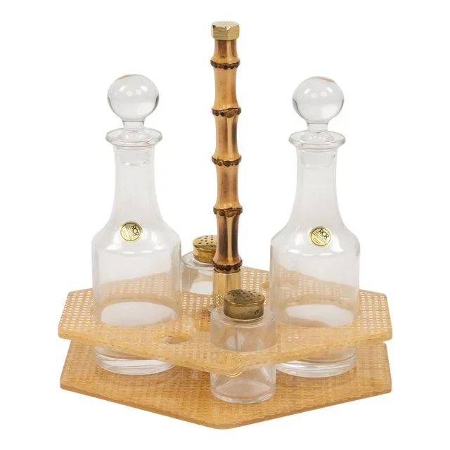Condiment Set in Acrylic Glass, Wicker and Brass in the style of Christian Dior, Italy, 1970s, Set of 5