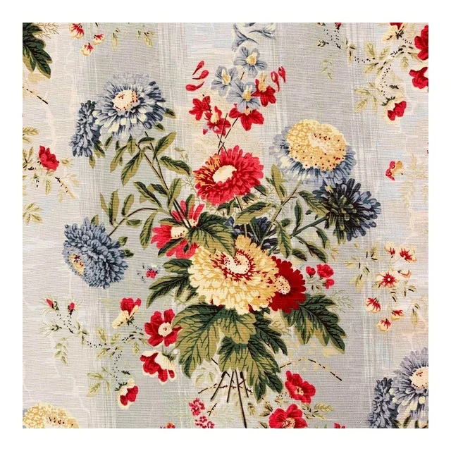 Covington 5th Avenue Designs Aqua Gold Pink Purple Red Botanical Chrysanthemum Floral Bouquet Linen Fabric Sample