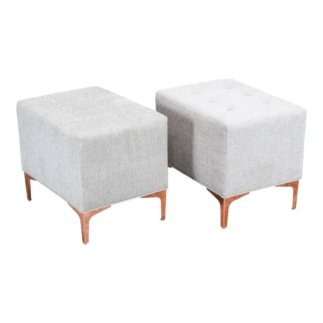 Cream Chenille Ottomans on Brass Feet – a Pair