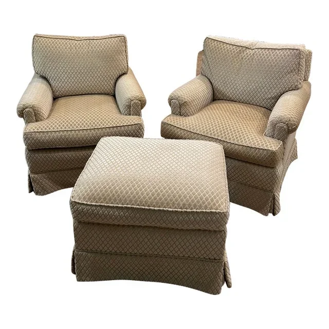 Custom Accent Chairs and Matching Ottoman in Cut Velvet Diamond Pattern Fabric – 3 Pieces