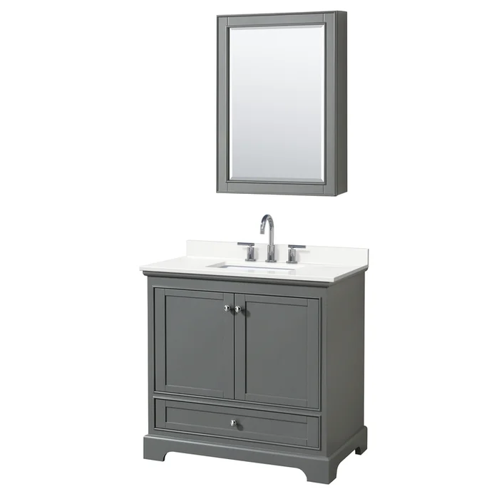 Dark Gray Bathroom Vanity with White Quartz Countertop and Chrome Trim